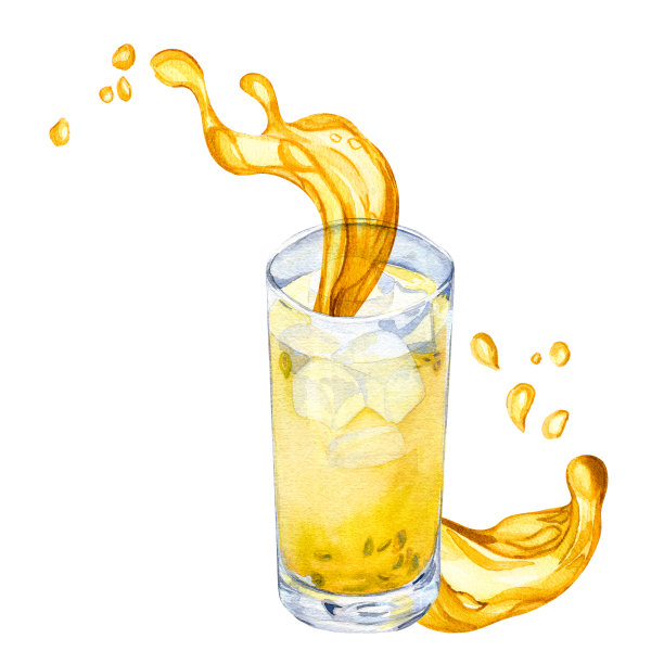 百香果冰沙和果汁飞溅水彩插图孤立在白色。图片下载
