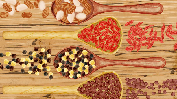 在勺子上手绘的中草药水彩插图图片下载