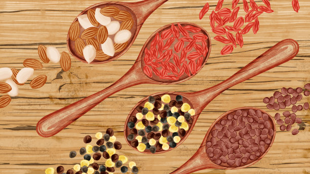 在勺子上手绘的中草药水彩插图图片下载