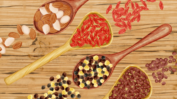 在勺子上手绘的中草药水彩插图图片下载