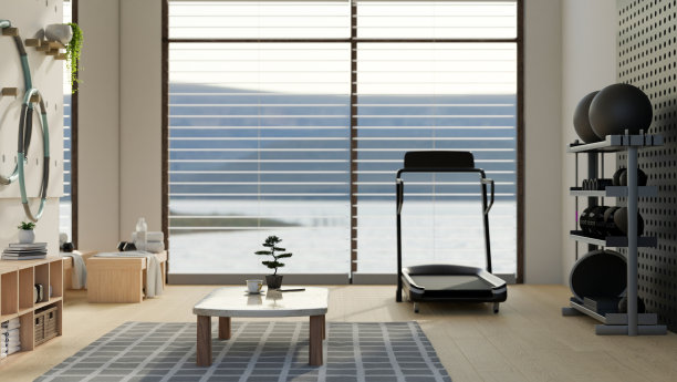 现代家庭运动室内，跑步机，运动设备和装饰图片下载