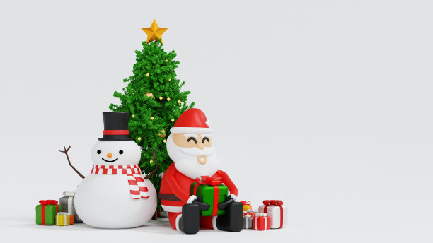 圣诞老人雪人和圣诞树礼品盒，新年快乐和圣诞快乐贺卡，3D渲染。图片下载