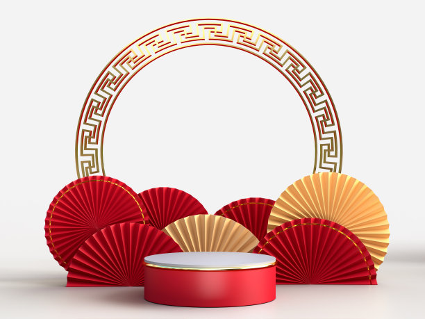 春节快乐。写实的设计元素，展示台子，纸扇配以中式装饰。东亚风格的模拟设计。三维渲染图片下载