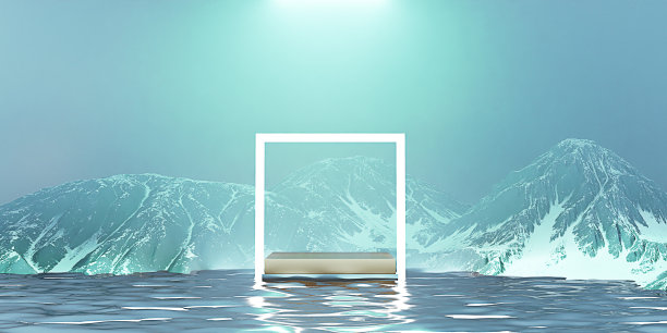 山海平台背景化妆台和霓虹灯贴水面和山顶雪峰三维插图图片下载