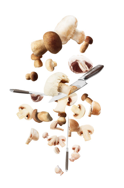 刀子正在把蘑菇切成白色背景的薄片图片下载