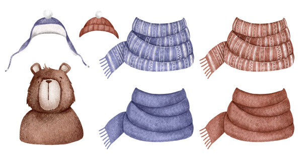 一套可爱的圣诞卡通熊，围巾，帽子在白色的背景。图片下载