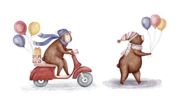 冬天的圣诞可爱卡通小熊套在围巾上，帽子上放着气球。图片下载