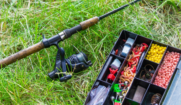 草地上的钓竿和钓具。大自然。图片下载