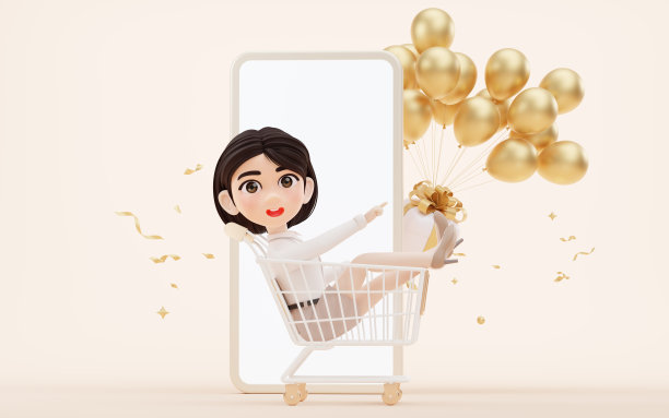卡通女孩购物车，3d渲染。图片下载