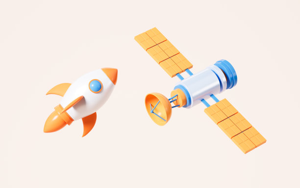 蓝色背景的卡通火箭和卫星，3d渲染。图片下载