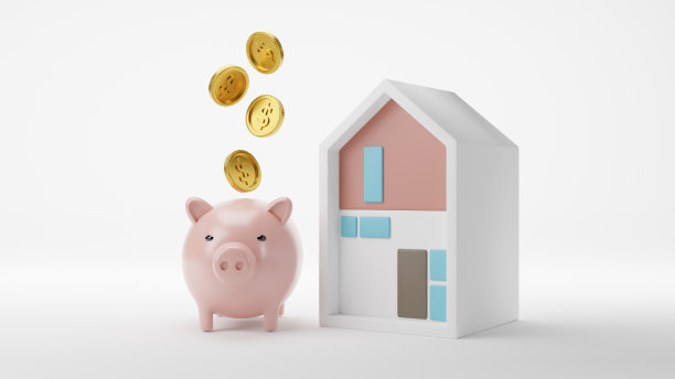 3 d渲染。金融，白色背景上有存钱罐和金币漂浮在空中的样板房，商业投资和房地产概念。图片下载