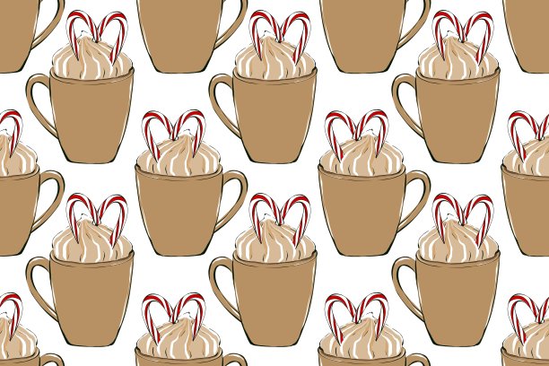 热饮缝模式。咖啡店收藏。一杯加糖和香料的咖啡。纺织及包装设计。图片下载