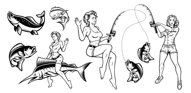 一套关于钓鱼主题的黑白矢量插图图片下载