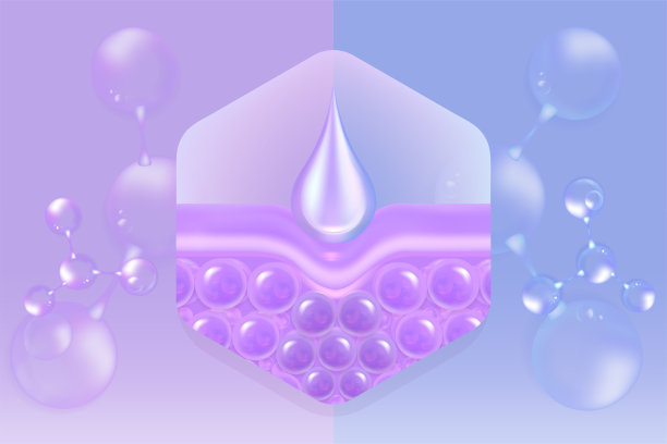 透明质酸头发和皮肤解决方案广告，蓝色胶原蛋白血清滴过皮肤细胞与化妆品广告背景准备使用，插图载体。图片下载