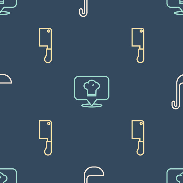 设置线厨房长柄勺，肉菜刀和厨师帽图片下载