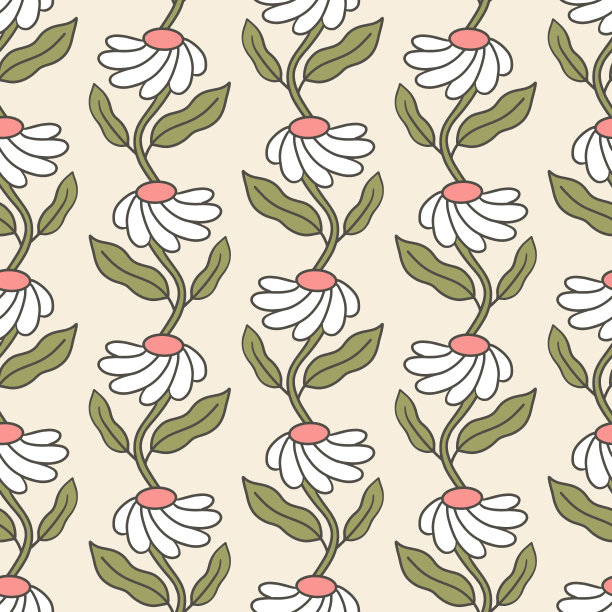 Groovy舞蹈雏菊植物矢量无缝模式图片下载