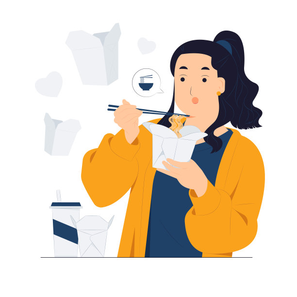 年轻漂亮的女人拿着一碗面和吃热辣的速食与筷子的概念说明图片下载