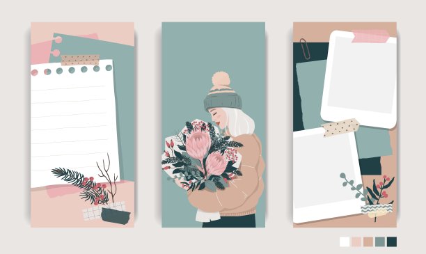 为社交媒体设计。冬季故事模板集。个人博客模型。剪贴簿组成笔记纸，磁带，花元素和相框。图片下载