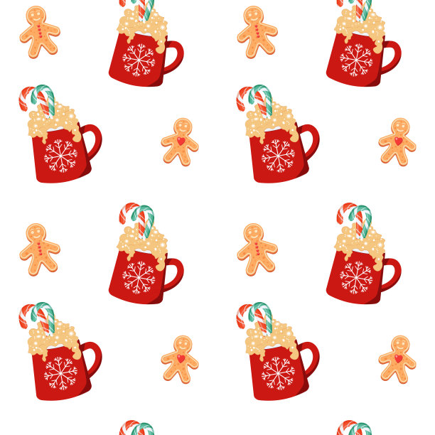无缝模式。红杯子里有热饮和姜饼人饼干。可爱的圣诞贺卡。矢量插图。图片下载