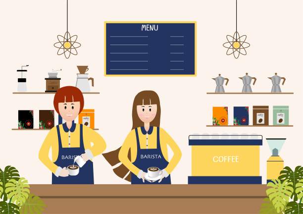 年轻的咖啡师男人和女人在咖啡馆矢量插图，咖啡店制作咖啡。图片下载
