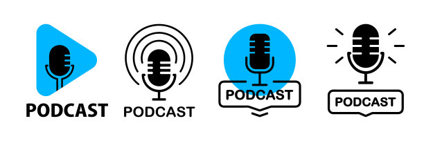 播客。麦克风图标。无线电播客图标集。网络研讨会，在线培训，广播节目或音频博客播客概念。网络广播音频记录的概念。矢量平面插图，图标，标志设计图片下载
