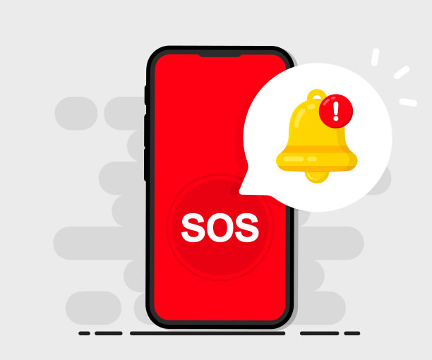 屏幕电话上的SOS通知。SOS紧急呼叫电话。在屏幕智能手机上拨打911。呼救声。求助矢量股票插图图片下载