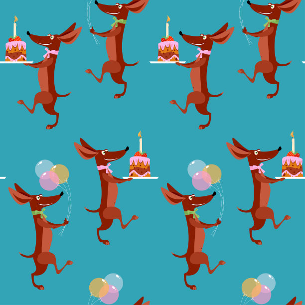 欢快的腊肠带着生日蛋糕和气球。生日快乐!无缝背景图案图片下载