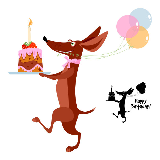 欢快的腊肠带着生日蛋糕和气球。生日快乐!图片下载