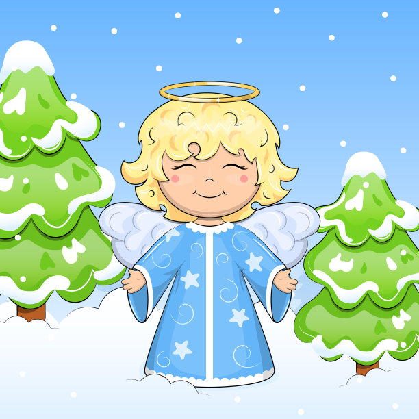 可爱的卡通天使和圣诞树。图片下载