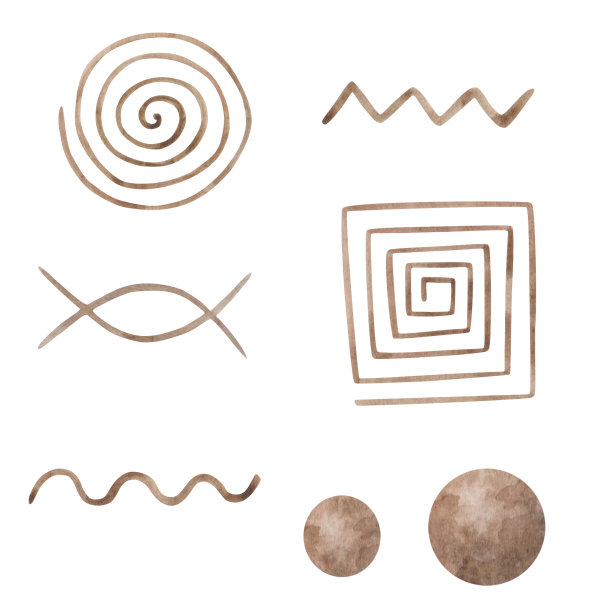 手绘的水彩插图抽象装饰图标。棕色的点，方形的，之字形的，球，圆，球。埃及风格的元素。隔离剪贴艺术的印刷品，纺织品，包装图片下载