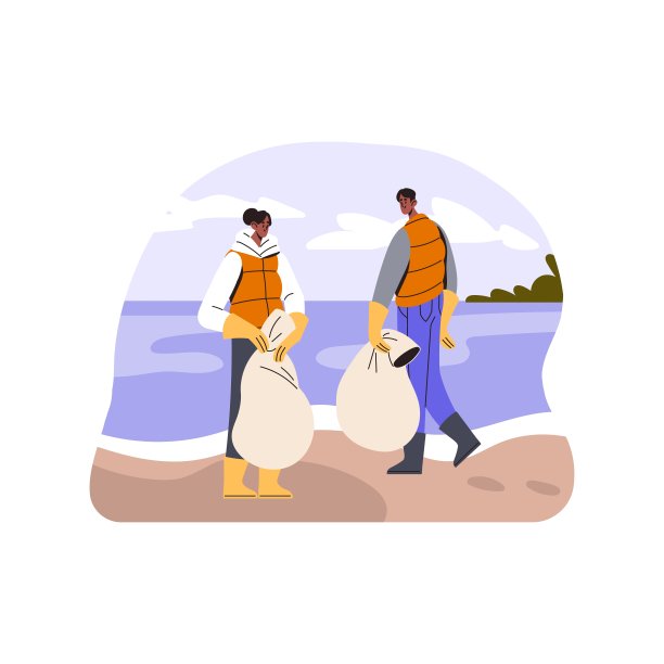 志愿者清理海滩上的垃圾。人们，袋子，从海边收集垃圾。自愿参与自然生态环境活动。平面矢量插图孤立在白色背景上图片下载