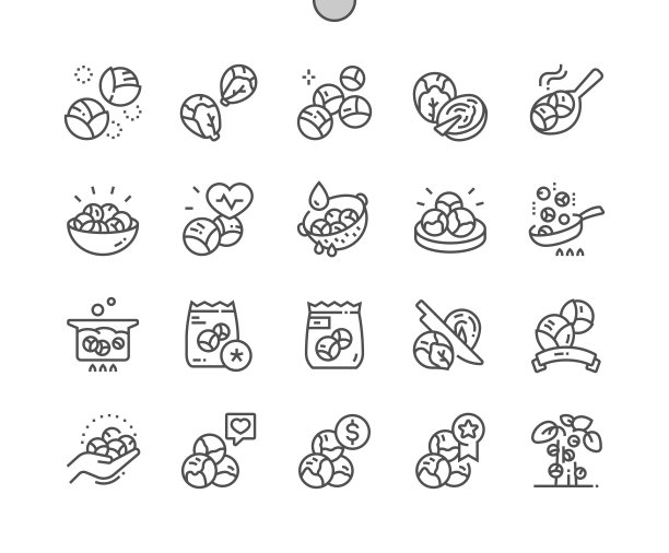 布鲁塞尔芽。天然蔬菜有机营养食品。烹饪，切割和价格。咖啡馆的菜单。像素完美矢量细线图标。简单最小象形文字图片下载