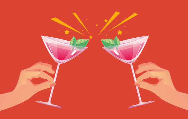 鸡尾酒杯喝吐司干杯酒香槟牵手。矢量平面平面设计元素概念说明图片下载