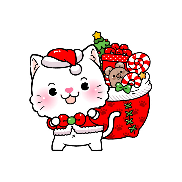 可爱的小白猫卡通圣诞礼物袋。图片下载