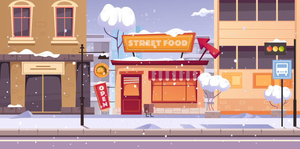 冬天雪城市街道建筑雪城市房子。矢量平面平面设计元素概念说明图片下载