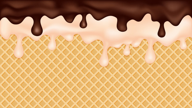 双重巧克力和香草冰淇淋融化在华夫蛋筒背景。图片下载