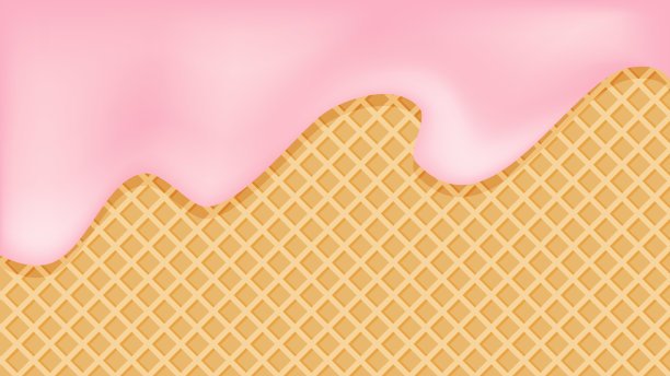 草莓冰淇淋融化在华夫蛋筒背景上。图片下载