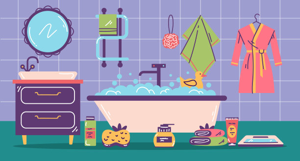 浴室室内家庭厕所淋浴浴室壁橱。矢量平面平面设计元素概念说明图片下载