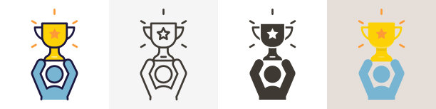 角色男性拿着奖杯。矢量潮流图标插图设计在4个不同的风格。胜利，成功，成就。商业，体育，个人成就。图片下载