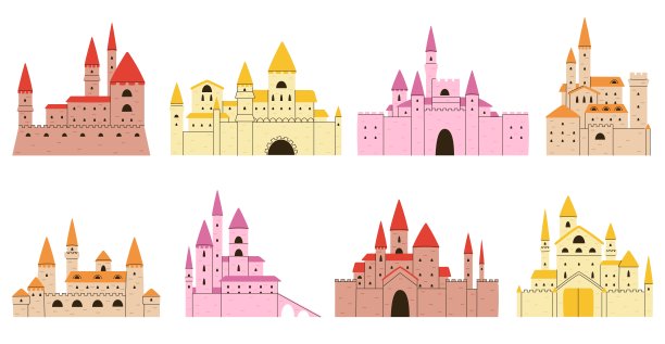 卡通城堡外部设置。涂鸦宫殿中世纪，孤立的扁平城堡塔楼和堡垒。童话公主建筑，象样矢量古堡图片下载