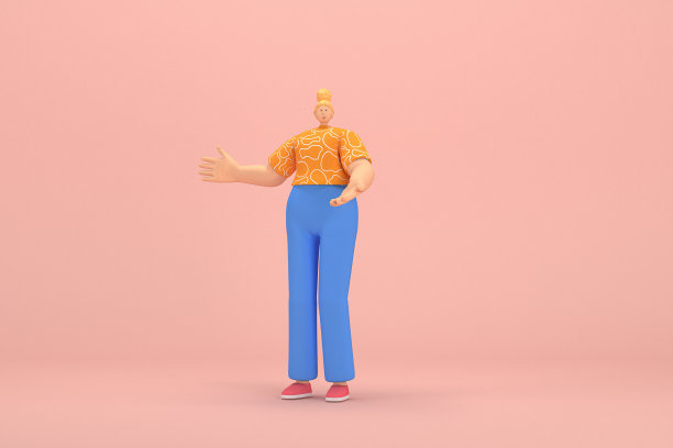 金发扎成发髻的女人穿着蓝色灯芯绒裤子和橙色白色条纹t恤。她说话时总是用手做手势。动画角色在表演中的三维渲染。图片下载