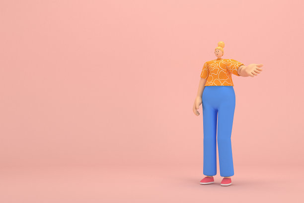 金发扎成发髻的女人穿着蓝色灯芯绒裤子和橙色白色条纹t恤。她说话时总是用手做手势。动画角色在表演中的三维渲染。图片下载
