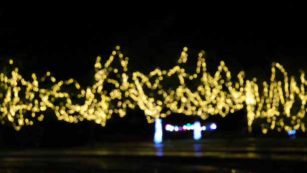 复古色调模糊的夜晚节日在花园与散景背景。晚上装饰室外花园的灯泡。图片下载