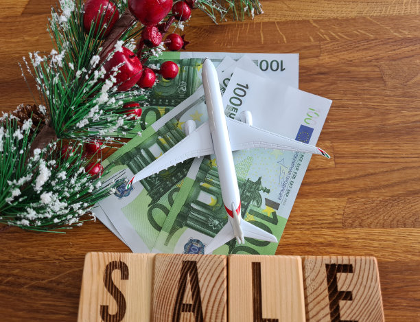飞机上的欧盟欧元钞票新年和圣诞节打折销售文字图片下载