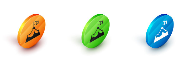 等距山脉与旗帜在顶部图标隔离图片下载