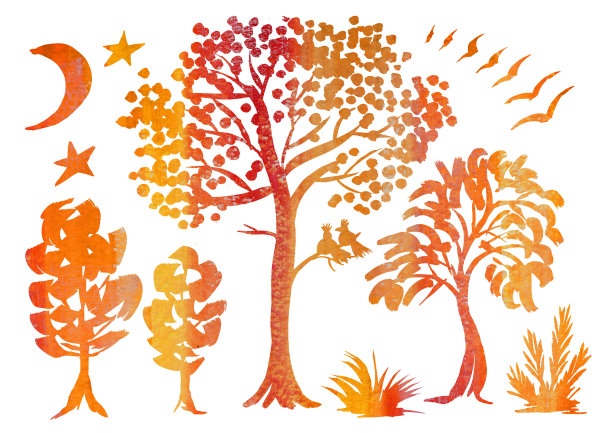在白色背景上设置夜间森林景观。橙色和红色渐变树，月亮，鸟，星，草和灌木图片下载