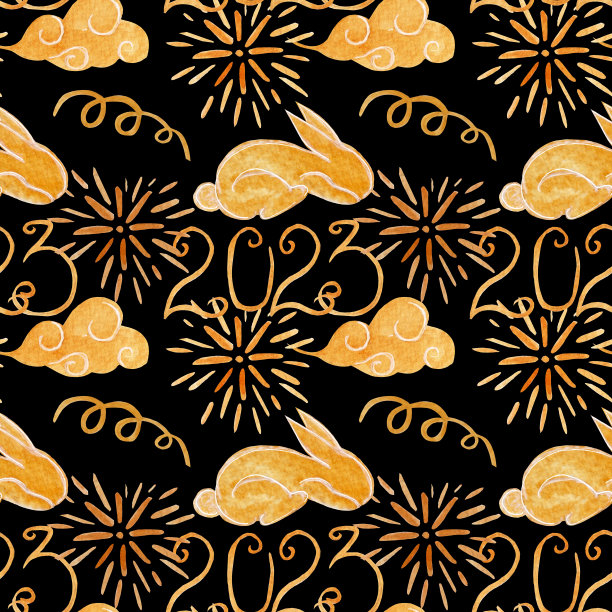 无缝水彩图案，金色的云和兔子，烟花火花，数字2023年黑色背景。图片下载