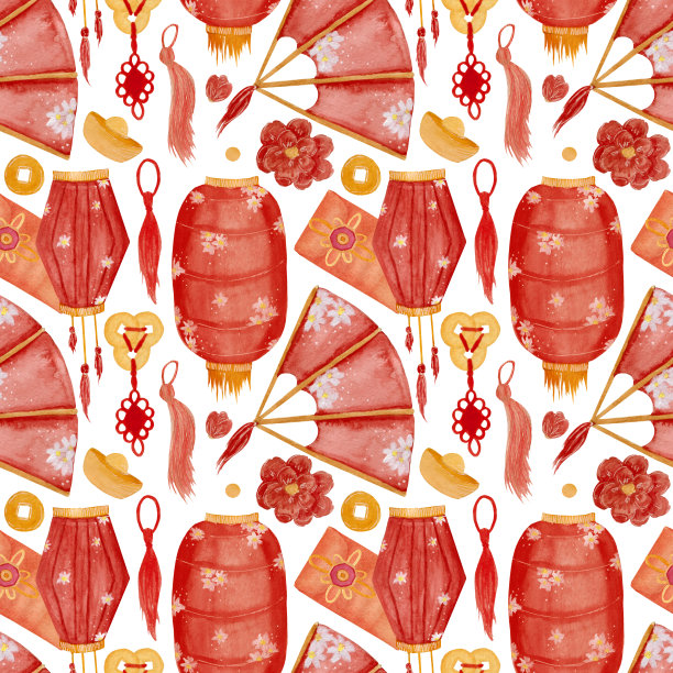 水彩明亮无缝模式与手扇，各种灯笼，金色，信封，节日装饰在白色背景。图片下载