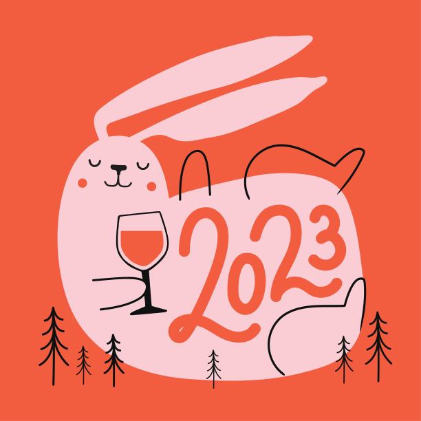 矢量插图与粉红色的兔子，一杯酒，2023字母文本。图片下载