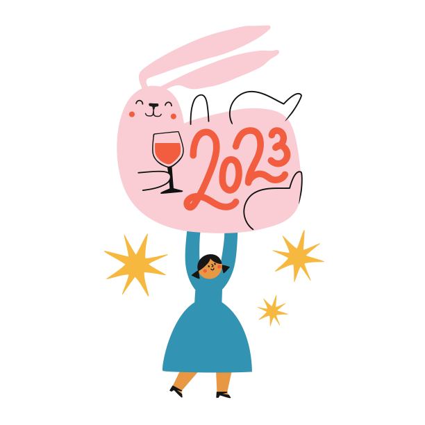 矢量庆祝中国新年2023符号，兔年的插图。排版海报女孩拿着大粉红色的兔子与酒杯和星星。图片下载